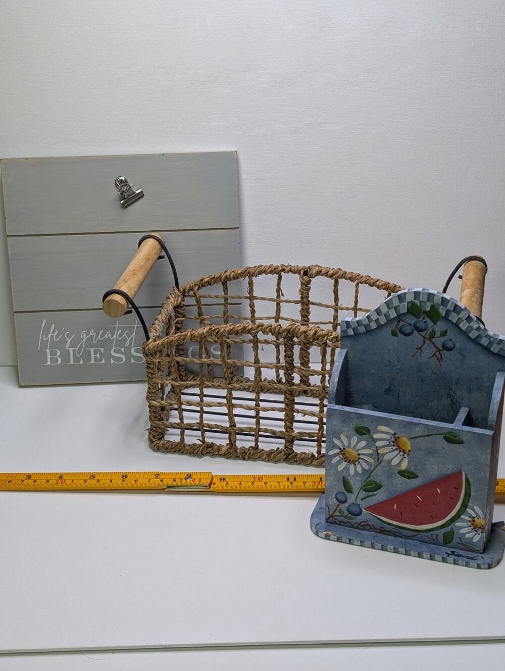Farmhouse Home Decor Lot Basket Mail Organizer Clipboard Sign Rustic Country